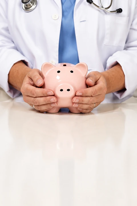 AI-enhanced color illustration of a clinician holding a piggy bank; not a savings guarantee.