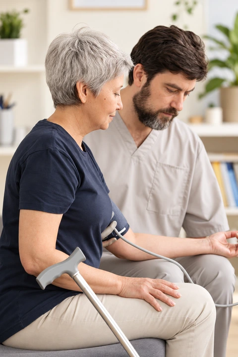 AI-enhanced color illustration of a clinician checking an adult's blood pressure.