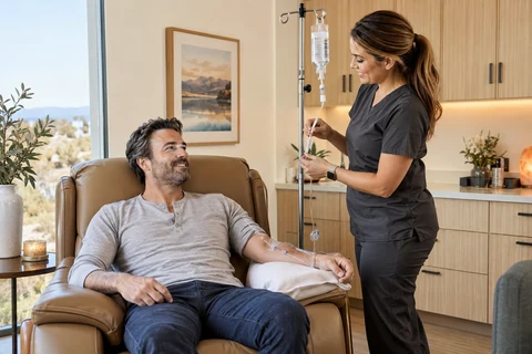 Illustrative AI-generated IV session with an adult and a nurse; not actual Impact MD patients or staff.