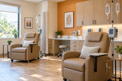Illustrative AI-generated clinical IV room with tan treatment chairs; not the actual office.