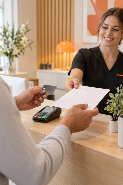 Illustrative AI-generated photograph of a card payment at a warm medical reception; not an actual patient or staff photograph.